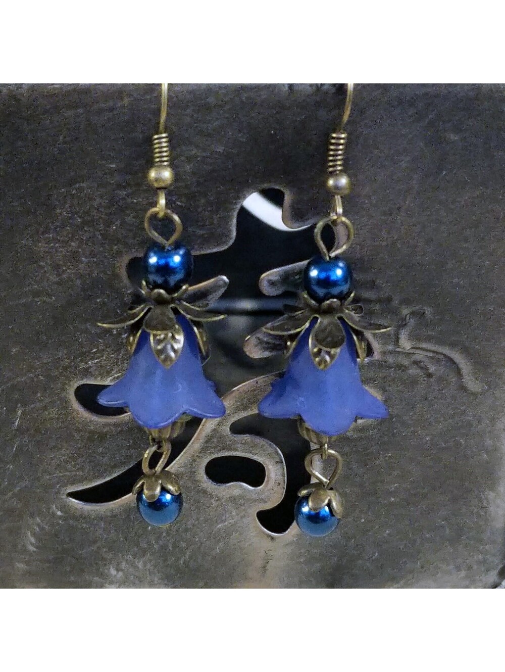 Steampunk Bronze Brass Matte Cobalt Blue Tulip Flower Leaves Fantasia Earnings